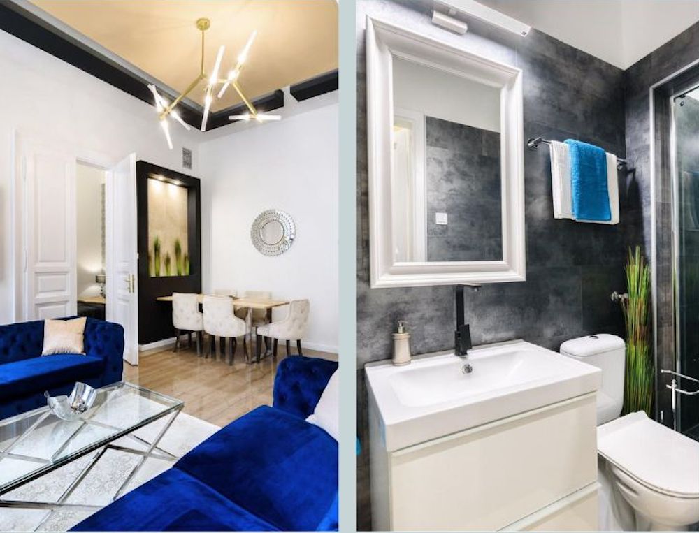 Интерьер гостиной и одной из ванных комнат в квартире в Будапеште.