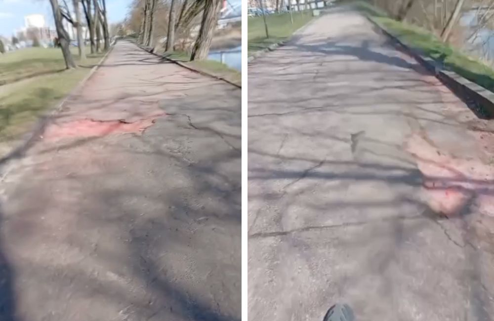 Участки, закрашенные красной краской на боковой велодорожке вдоль реки Мухавец, ведущей к площади Церемониалов в Брестской крепости.