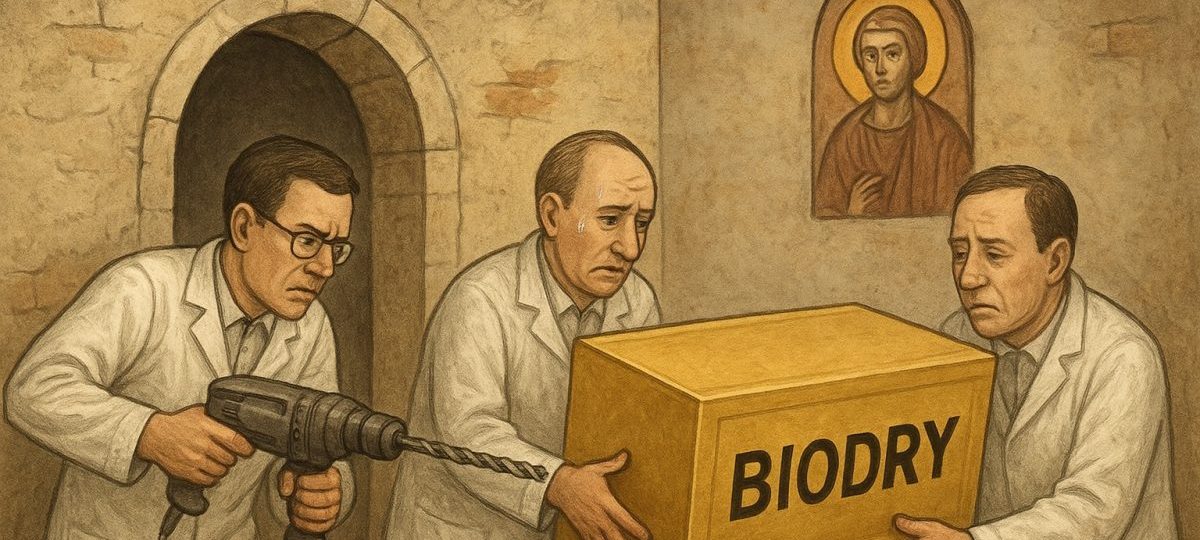 мужчыны ў белых халатах у храме плануюць рабіць рамонт
