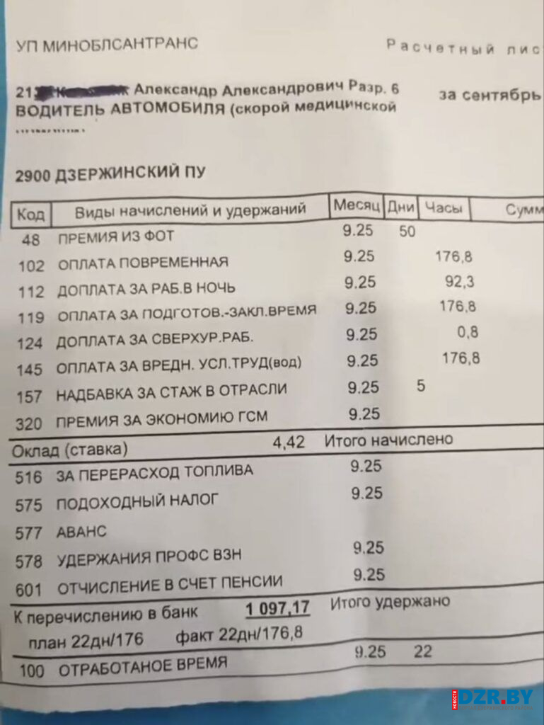Расчетный лист водителя скорой в Дзержинске за сентябрь 2025 года.