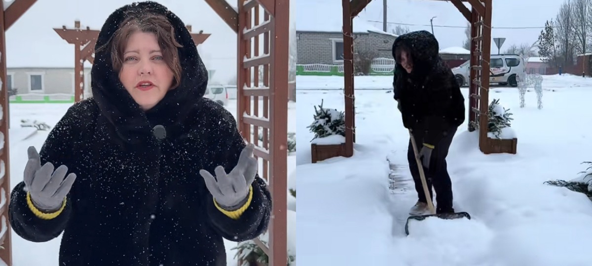 женщина убирает снег