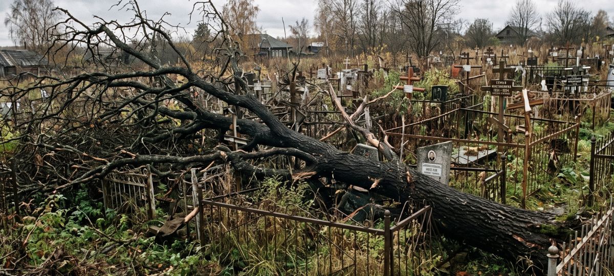 Поваленное дерево на сельском кладбище