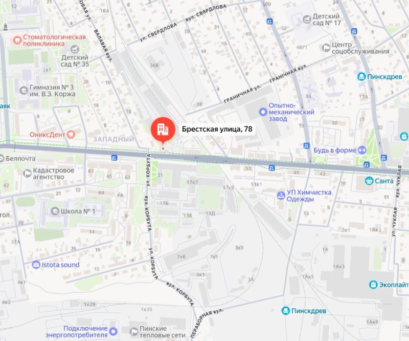 Участок на улице Брестской в Пинске, который хотят застроить домами. Скриншот яндекс-карт